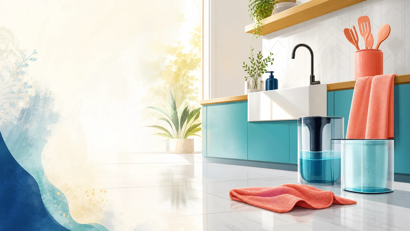 Cuisine claire avec sol propre et accessoires simples pour un entretien maîtrisé.