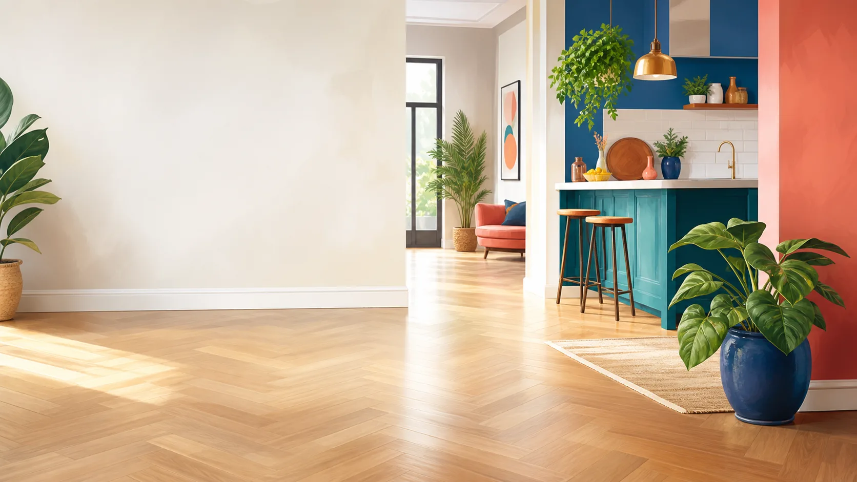 Intérieur lumineux avec parquet propre, cuisine colorée et ambiance contemporaine.