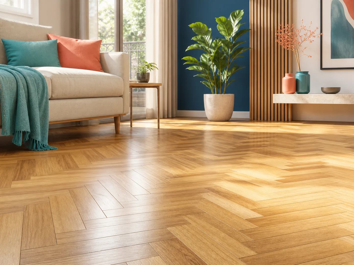 Parquet lumineux et propre dans un salon contemporain.
